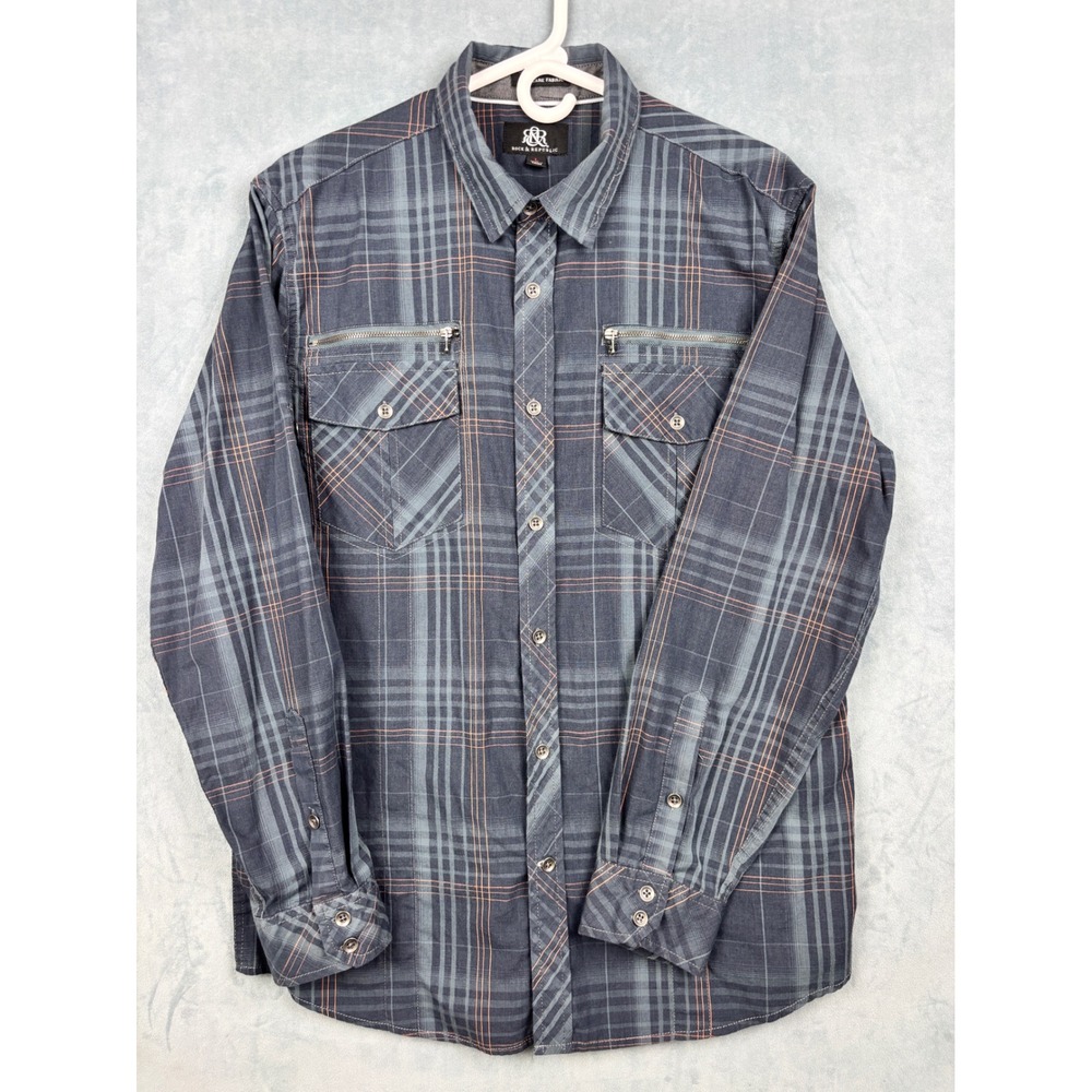 Rock & Republic Mens Blue Plaid Button Down Shirt Zipper Pockets Large L